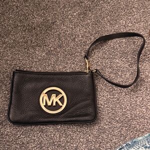 Michael Kors Black Leather Wristlet with Gold MK Logo